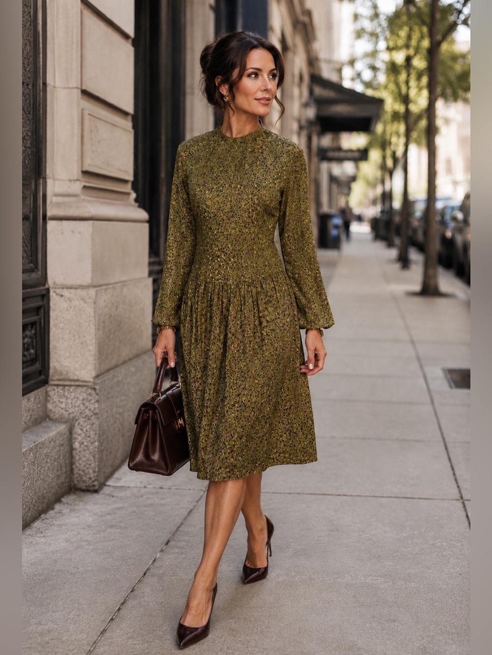 Vintage Women's Mocha Metallic Purple Green Floral-Print Long Sleeve Midi Dress